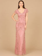 Beaded Cap Sleeve Gown With V-Neckline - OUTLET