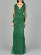 Elegant Long Sleeve Beaded Gown  - OUTLET