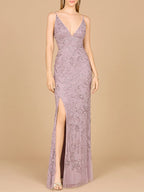 Embellished Gown with Slit And Spaghetti Straps  - OUTLET