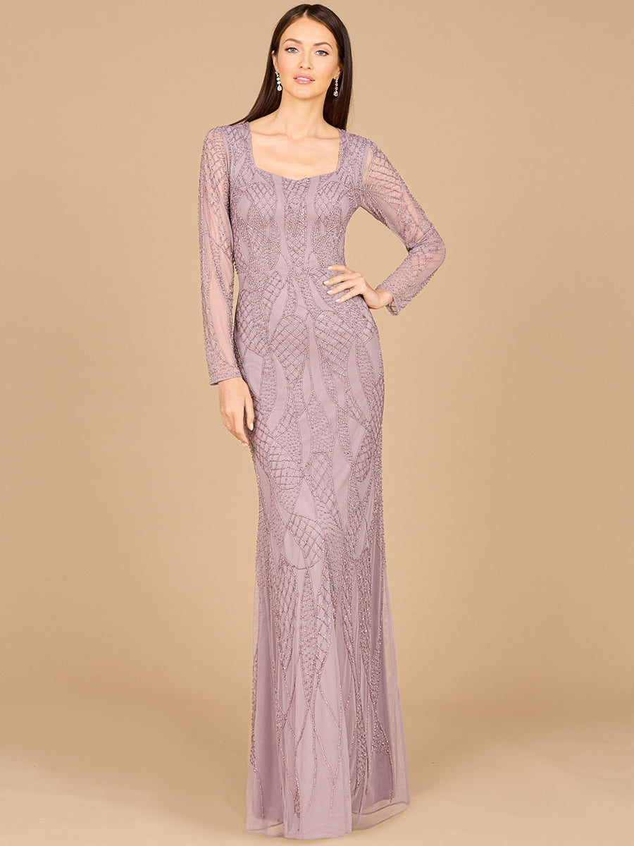 V Neck Beaded Long Sleeve Dress