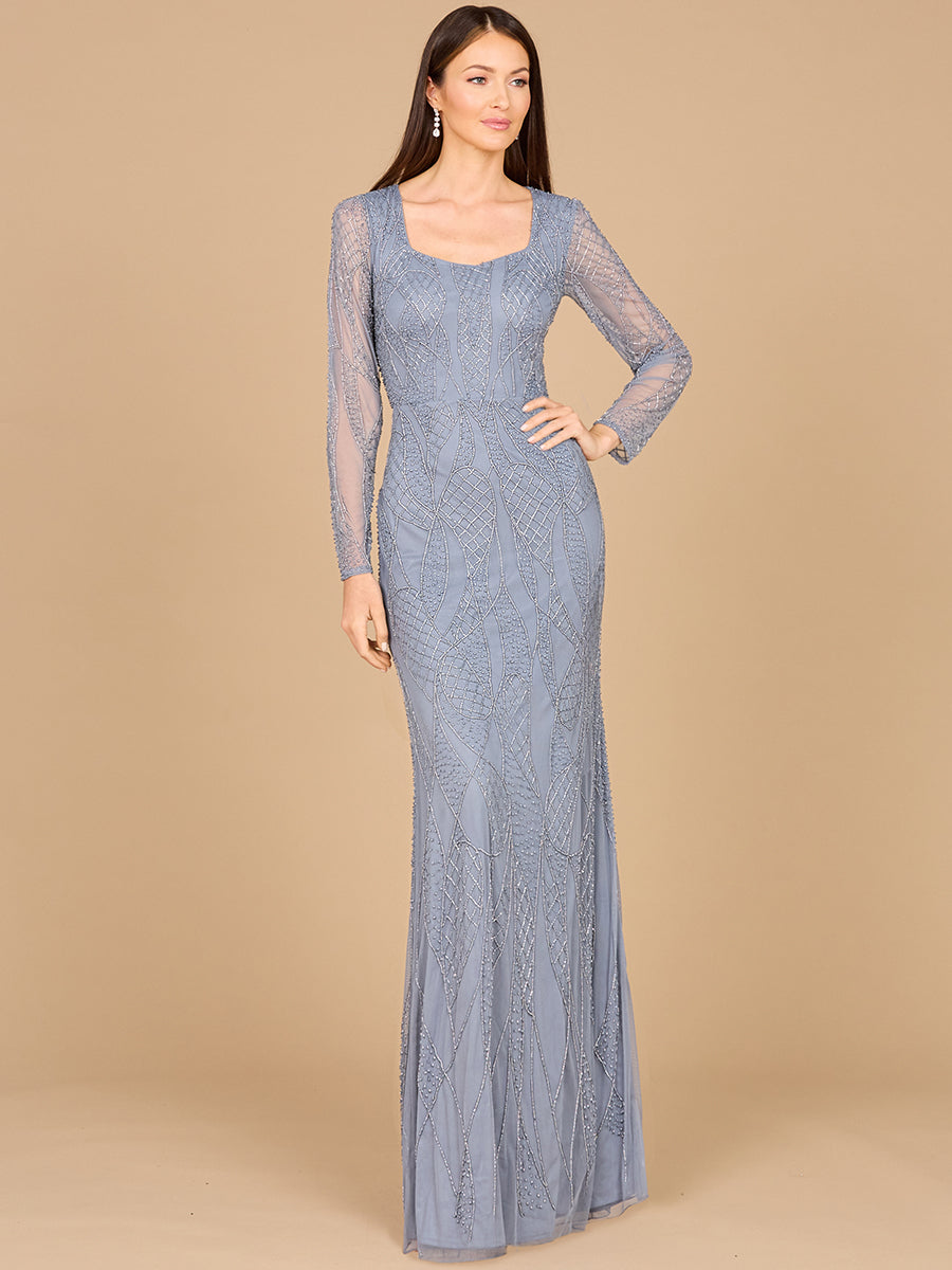 V Neck Beaded Long Sleeve Dress