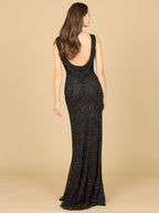 Cowl Draped Back Beaded Dress