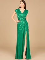 V-Neck Metallic Dress with Slit - OUTLET