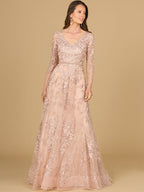 Long Sleeve V-Neck Lace Gown with Beaded Belt