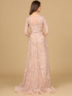 Long Sleeve V-Neck Lace Gown with Beaded Belt