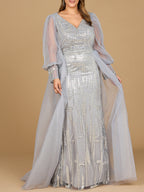 Long Sleeve Lace Gown with Removable Over Skirt