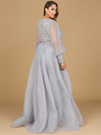 Long Sleeve Lace Gown with Removable Over Skirt