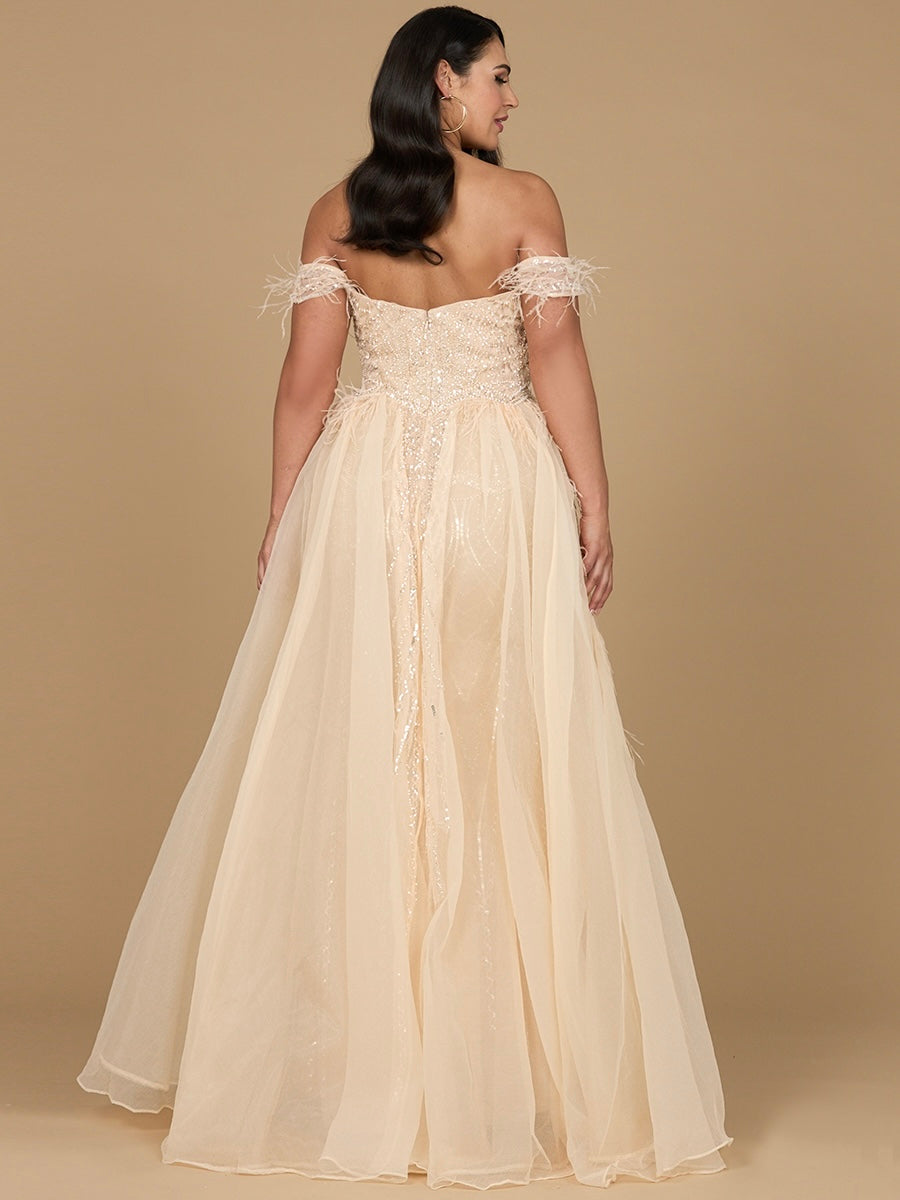 Off Shoulder Gown with Feathers