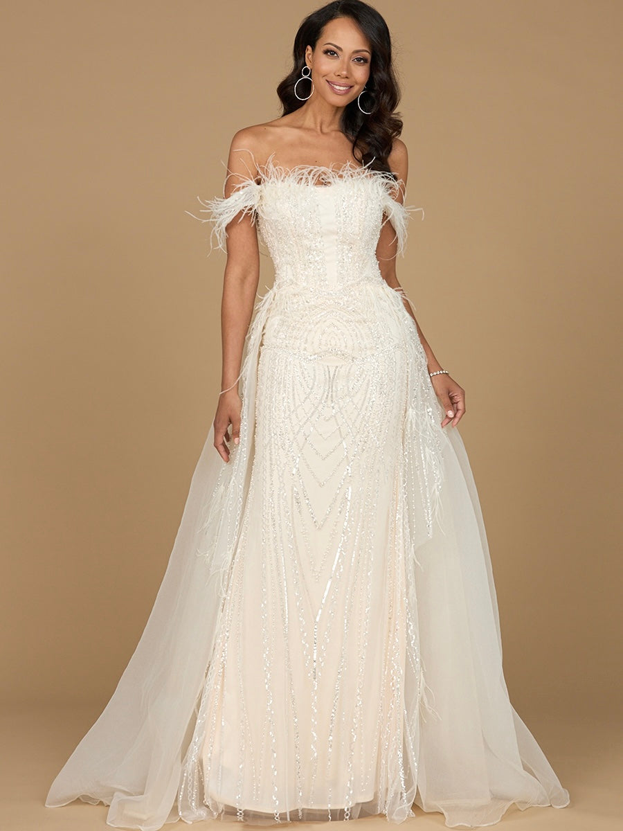 Off Shoulder Gown with Feathers