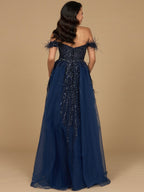 Off Shoulder Gown with Feathers