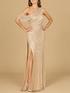 Beaded One Shoulder Dress with Train