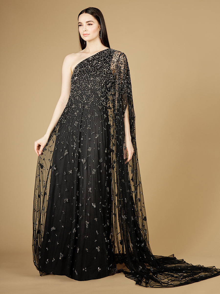 One Shoulder Cape Sleeve Gown