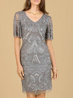 Beaded Cocktail Dress with Short Sleeves  - OUTLET