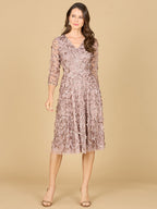 Flowing, 3D Embroidered Midi Dress with Sleeves