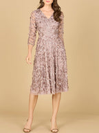 Flowing, 3D Embroidered Midi Dress with Sleeves