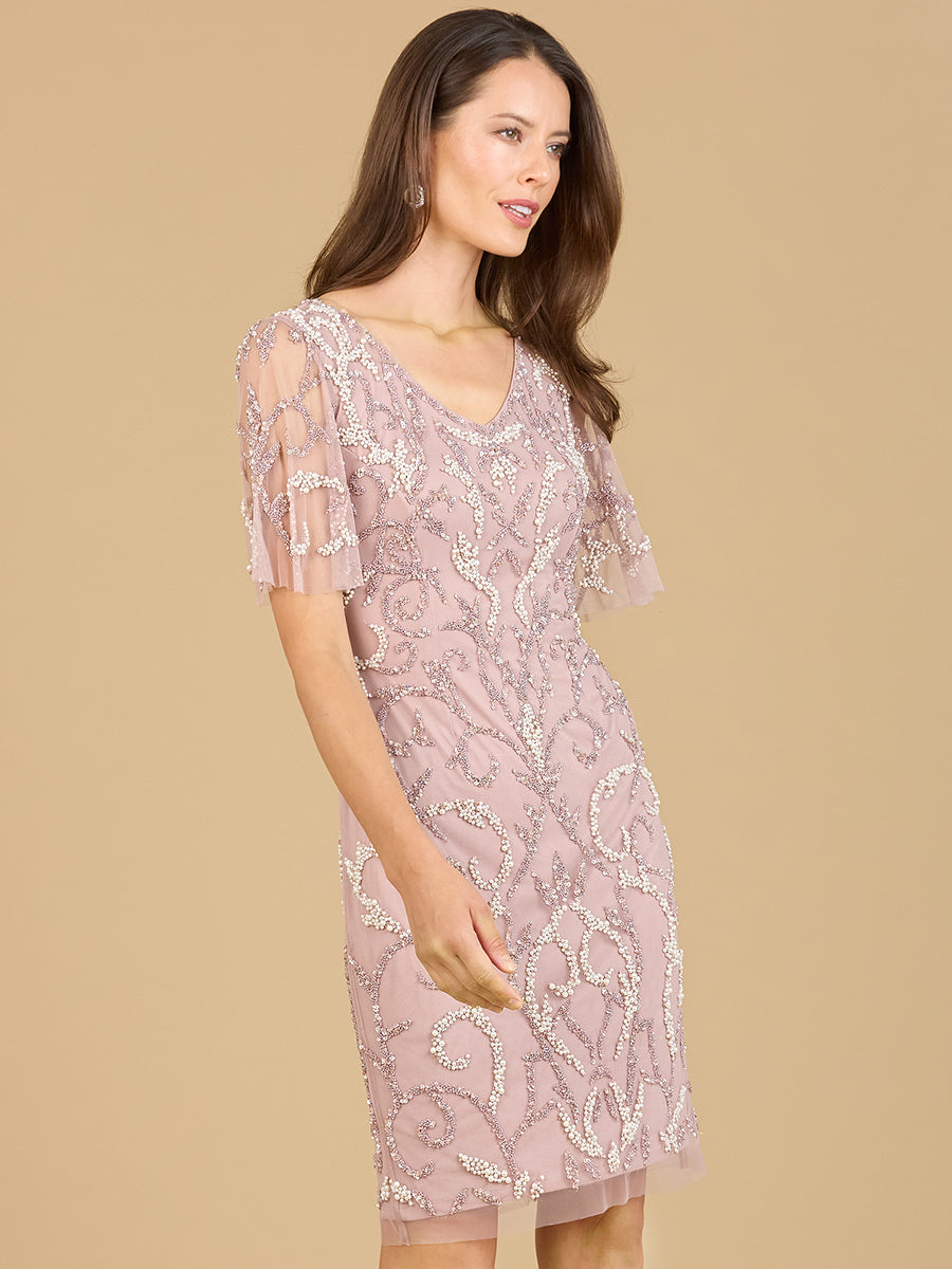Beaded Short Dress with Cape Sleeves  - OUTLET