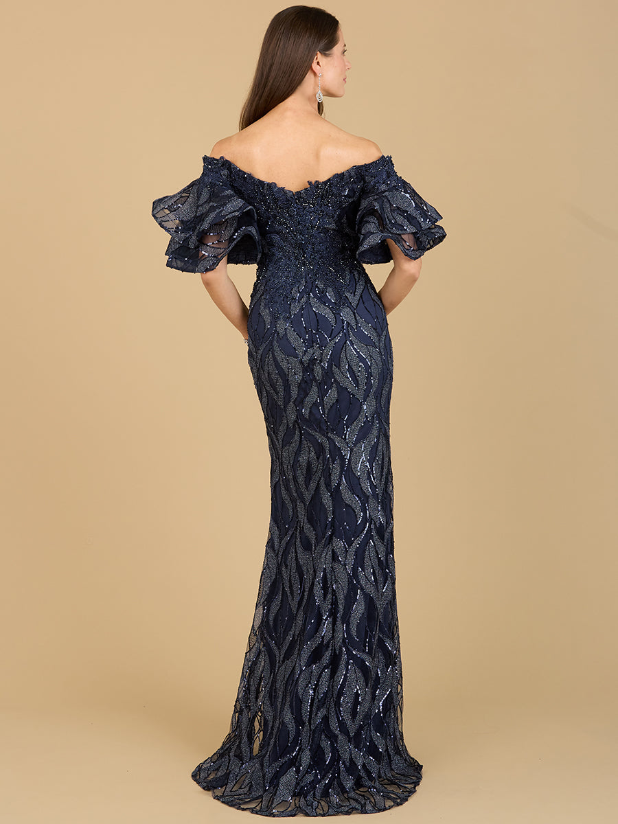 Off Shoulder Mermaid Beaded Gown with Tiered Sleeves
