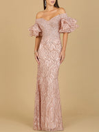 Off Shoulder Mermaid Beaded Gown with Tiered Sleeves