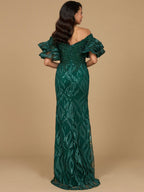 Off Shoulder Mermaid Beaded Gown with Tiered Sleeves