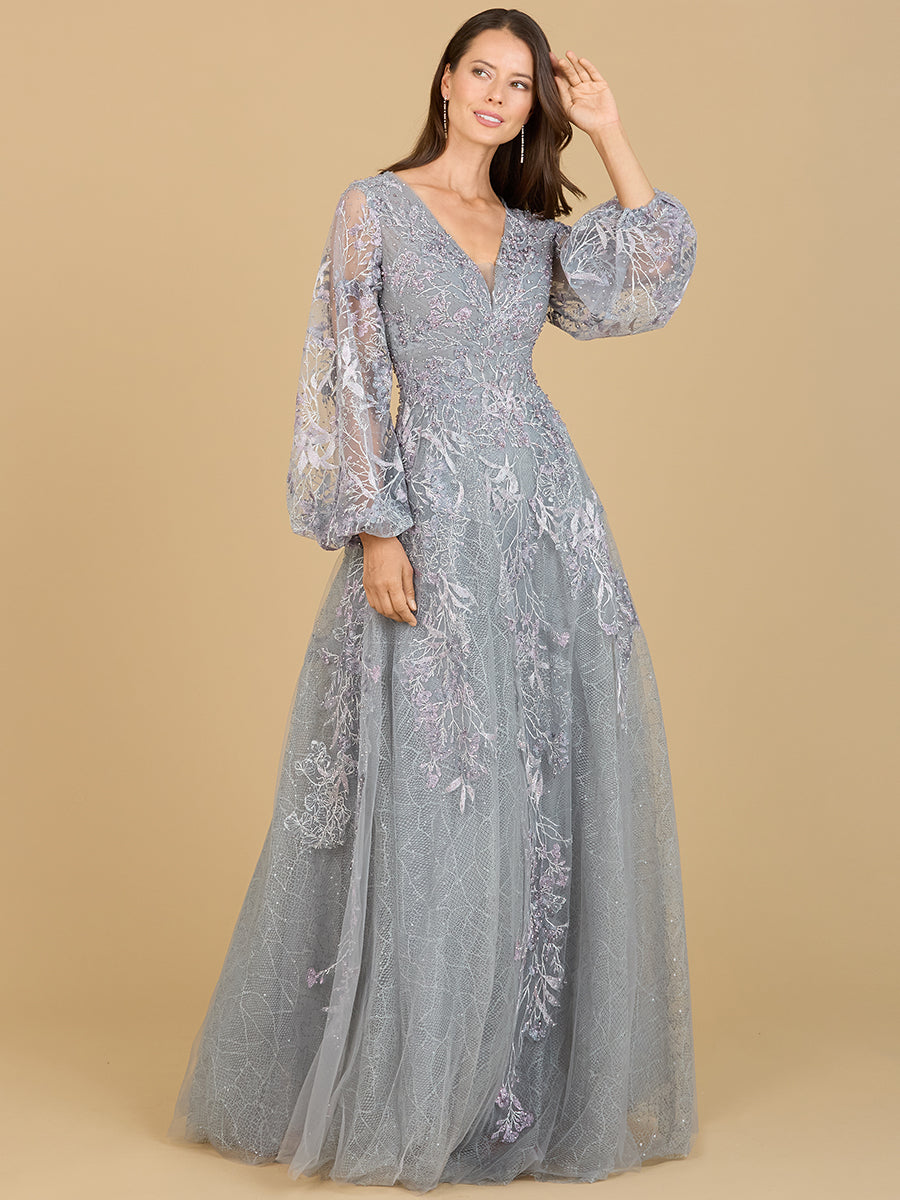 V Neckline Balloon Sleeve Gown
