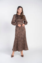 Marlo Dress Long Sleeves- Brown Polka Dot Flowers