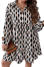 Apricot Geometric Print Collared V Neck Plus Size Mini Dress