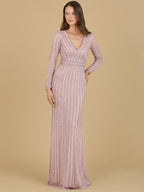 Long Sleeve V-Neck Beaded Gown