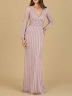Long Sleeve V-Neck Beaded Gown