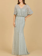Cape Sleeve V-Neck Gown with Geometric Beading