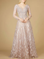 Long Sleeve V-Neck Ballgown  - OUTLET