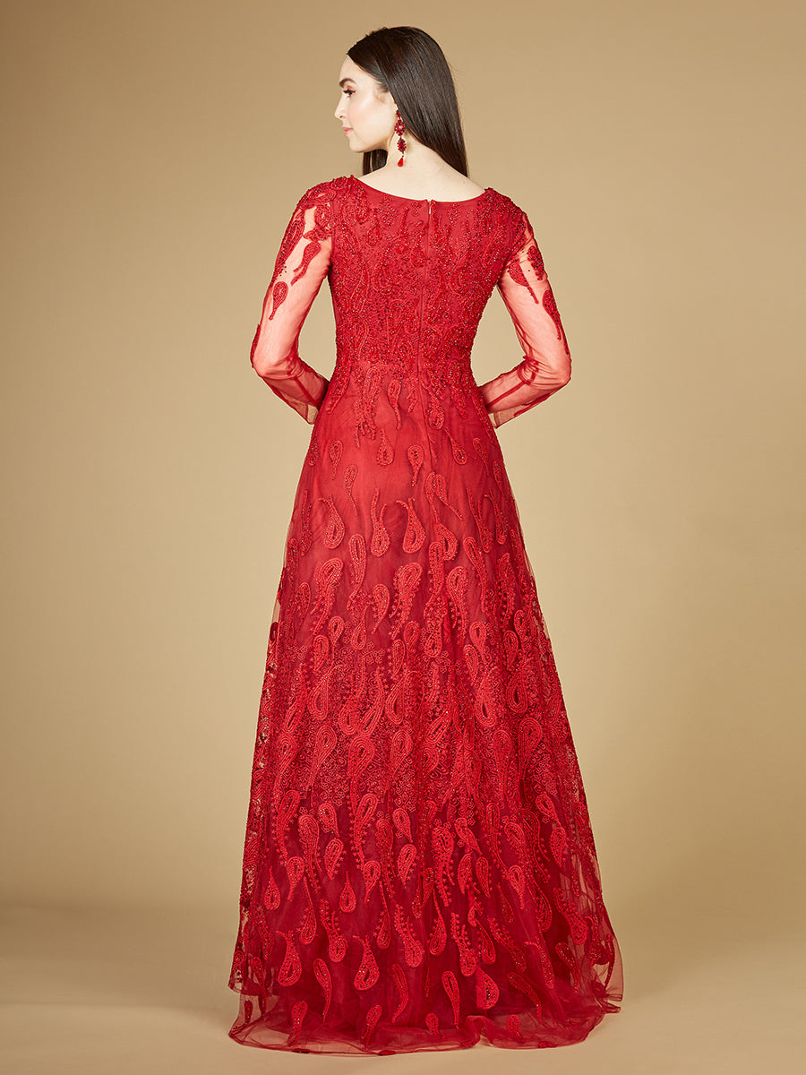 Long Sleeve V-Neck Ballgown  - OUTLET