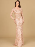 Beaded Long Sleeve V-neck Gown