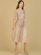 Flowing, Sequin Midi Dress with Short Sleeves