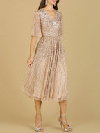 Flowing, Sequin Midi Dress with Short Sleeves