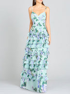 Ruffle Skirt Printed Gown with Spaghetti Straps - OUTLET