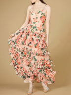 Ruffle Skirt Printed Gown with Spaghetti Straps - OUTLET