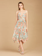 V-Neck Printed Midi Length Dress with Pleats - OUTLET