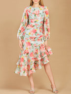 High Neck, Lace Up, Long Sleeve Printed Midi Dress - OUTLET
