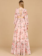 Long Sleeve V-Neck, Layered Skirt Print Dress- OUTLET