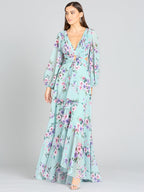 Long Sleeve V-Neck, Layered Skirt Print Dress- OUTLET