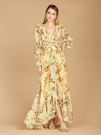 Long Sleeve V-Neck, Layered Skirt Print Dress- OUTLET