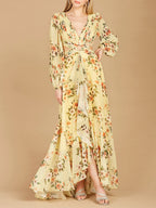 Long Sleeve V-Neck, Layered Skirt Print Dress- OUTLET