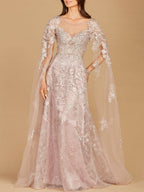 Lace Gown with Cape Sleeves, Sweetheart Neckline