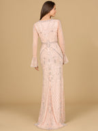Long Bell Sleeve V-Neck Beaded Gown