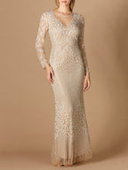 Fitted Long Sleeve Beaded Gown