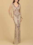 Long Flutter Sleeves Beaded Dress