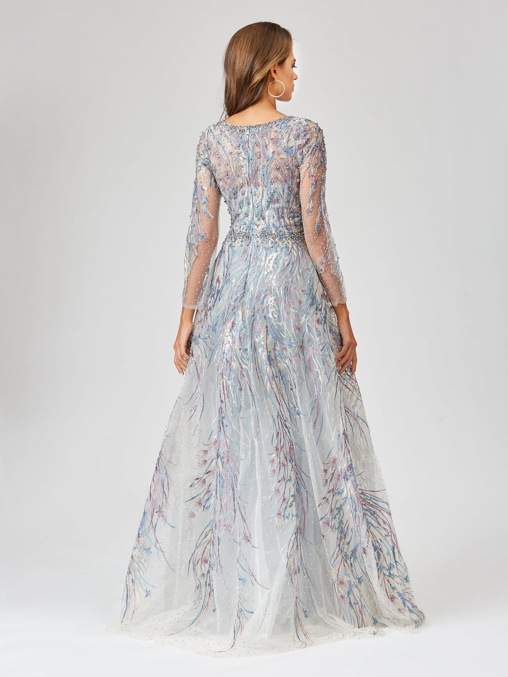 Long Sleeve Contrast Embroidered Gown with Overskirt