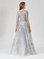 Long Sleeve Contrast Embroidered Gown with Overskirt
