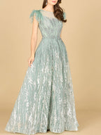 Lace ballgown with Feather Cap Sleeves