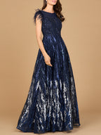 Lace ballgown with Feather Cap Sleeves